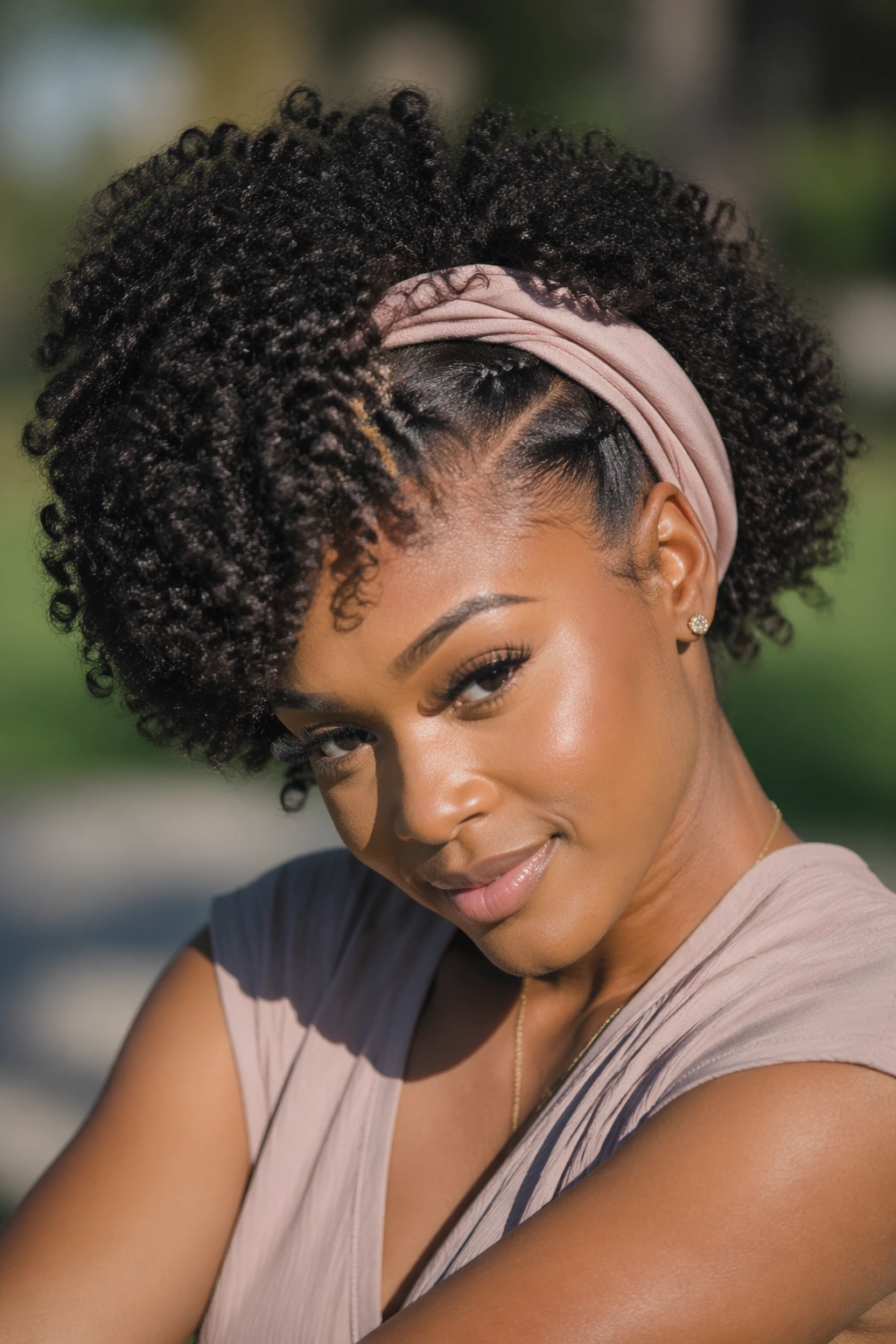 Close-up of side-parted curly Afro with a headband on a real woman outdoors