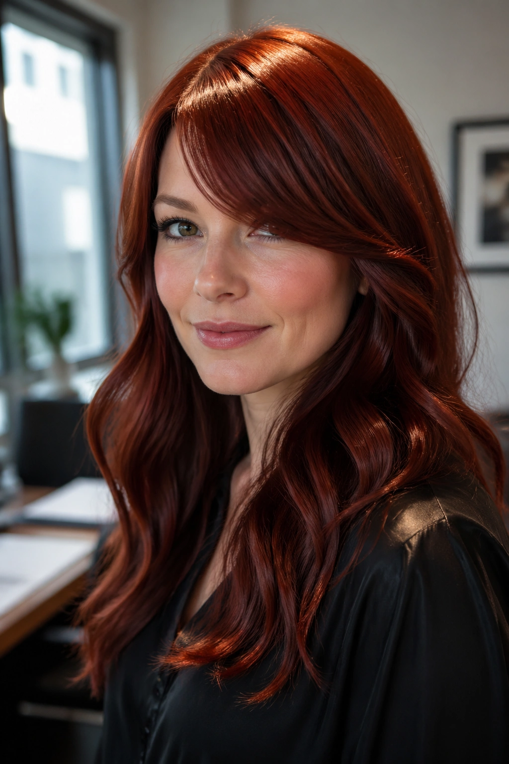 Close-up of a real woman with glossy red hair and side-part bangs