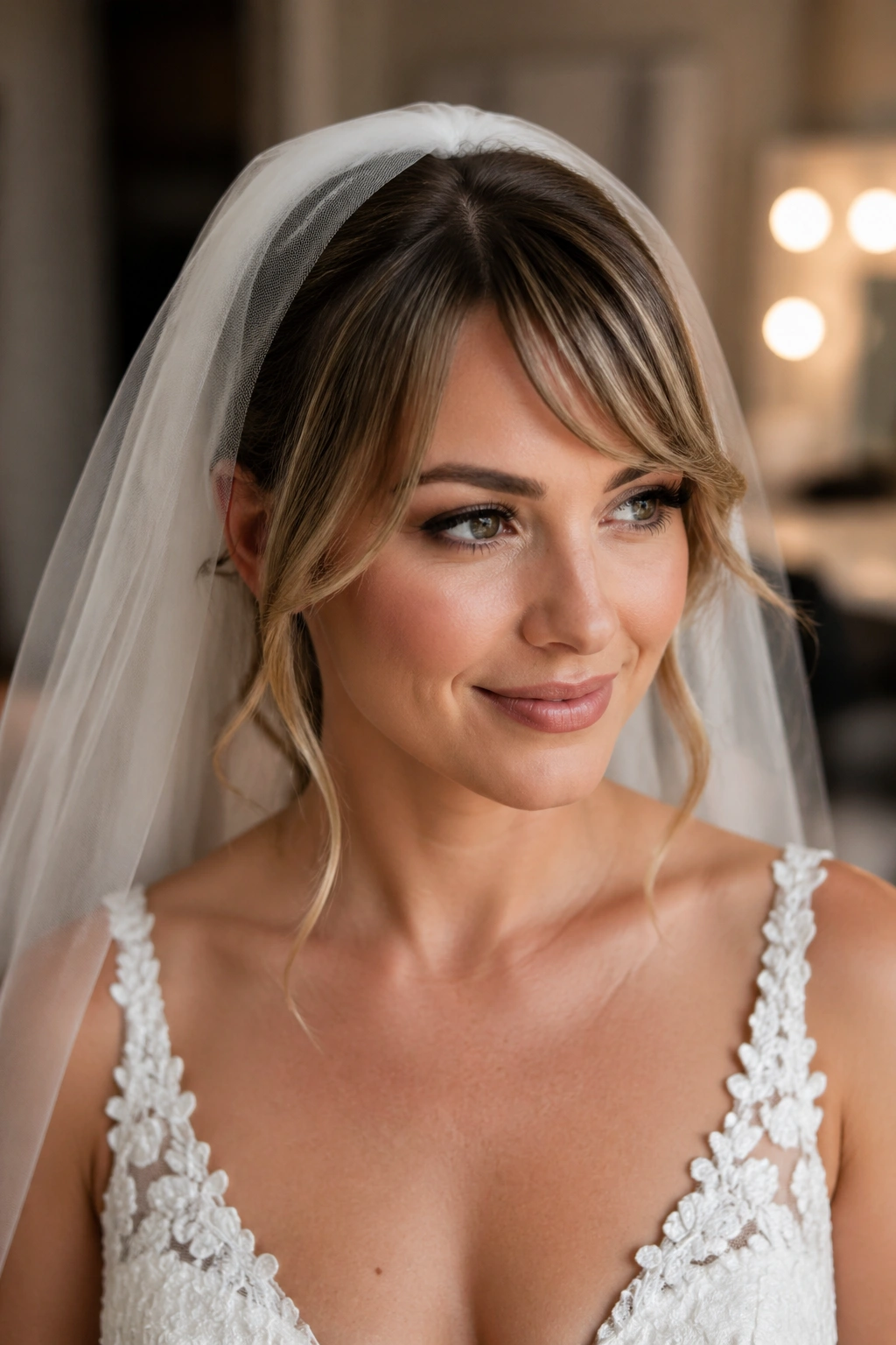 Bride with diagonal side-part bangs under a low veil in bridal dressing room