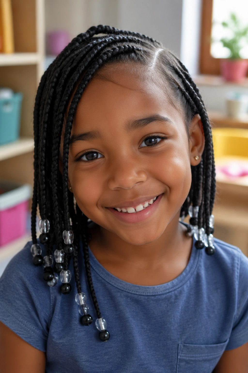 Close-up of a girl with side-part box braids and beads at the ends