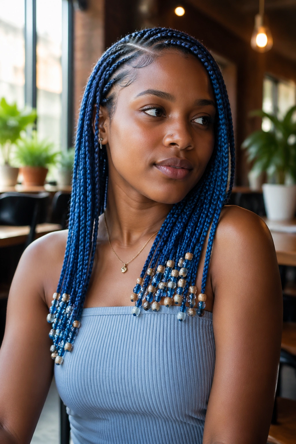 Portrait of a real person with side-part blue knotless box braids and mixed seed beads