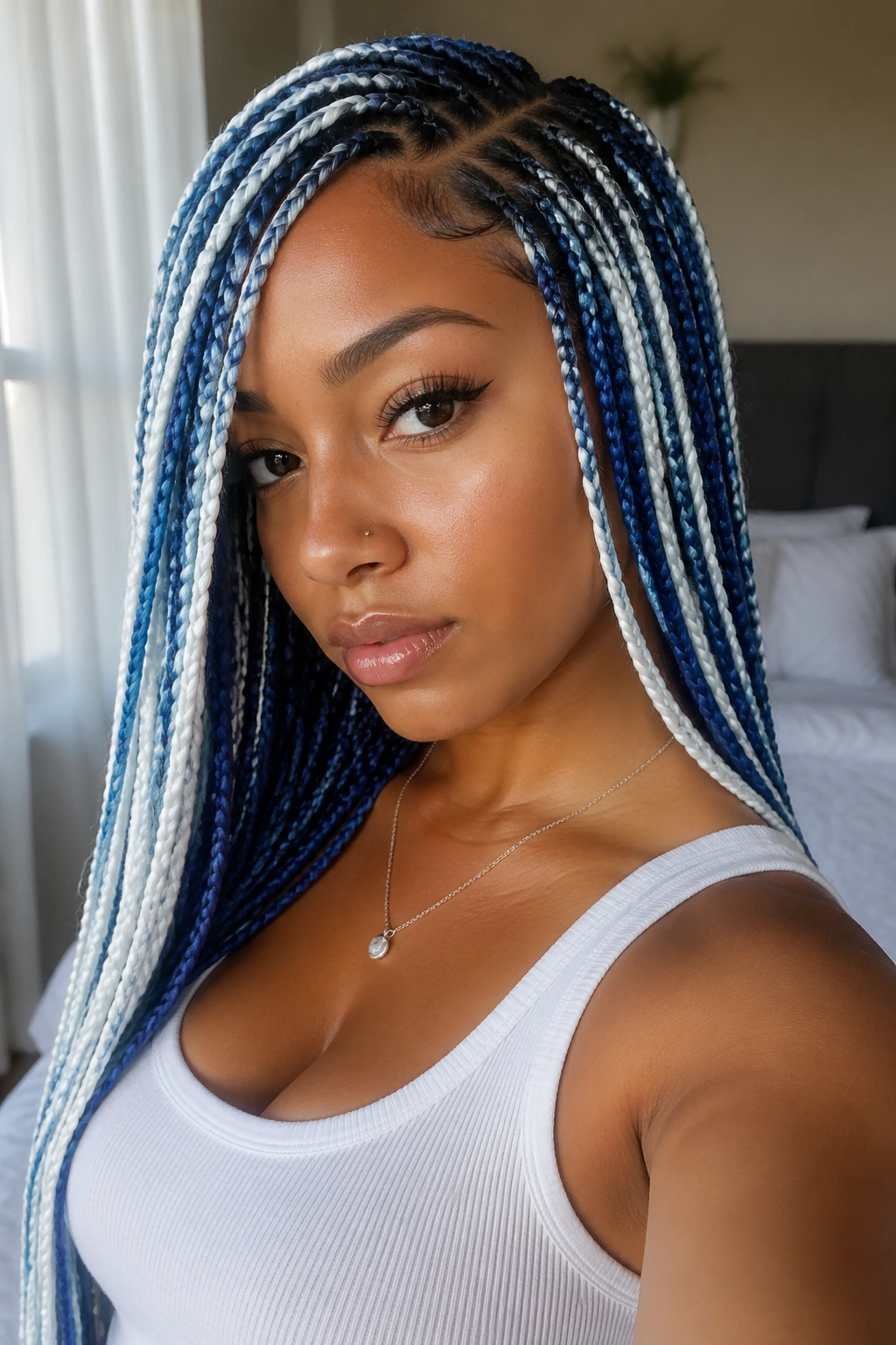 Close-up of a real woman with a side-part blue and white box braid framing her face