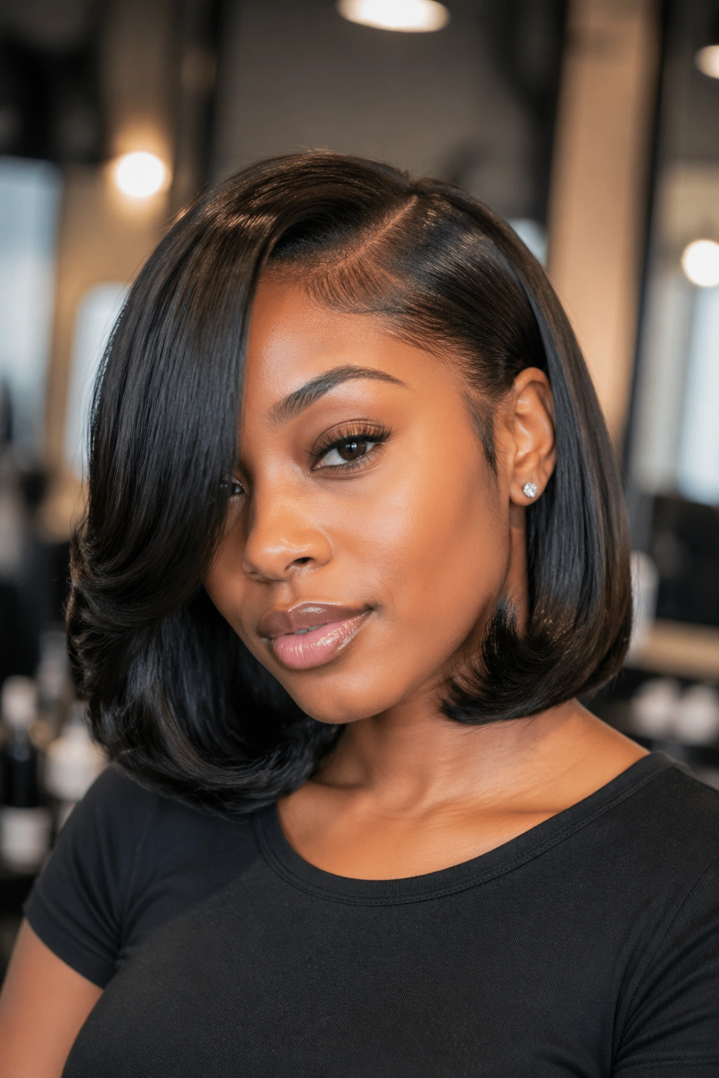 Close-up of a real woman with a bob silk-pressed hairstyle and curled ends