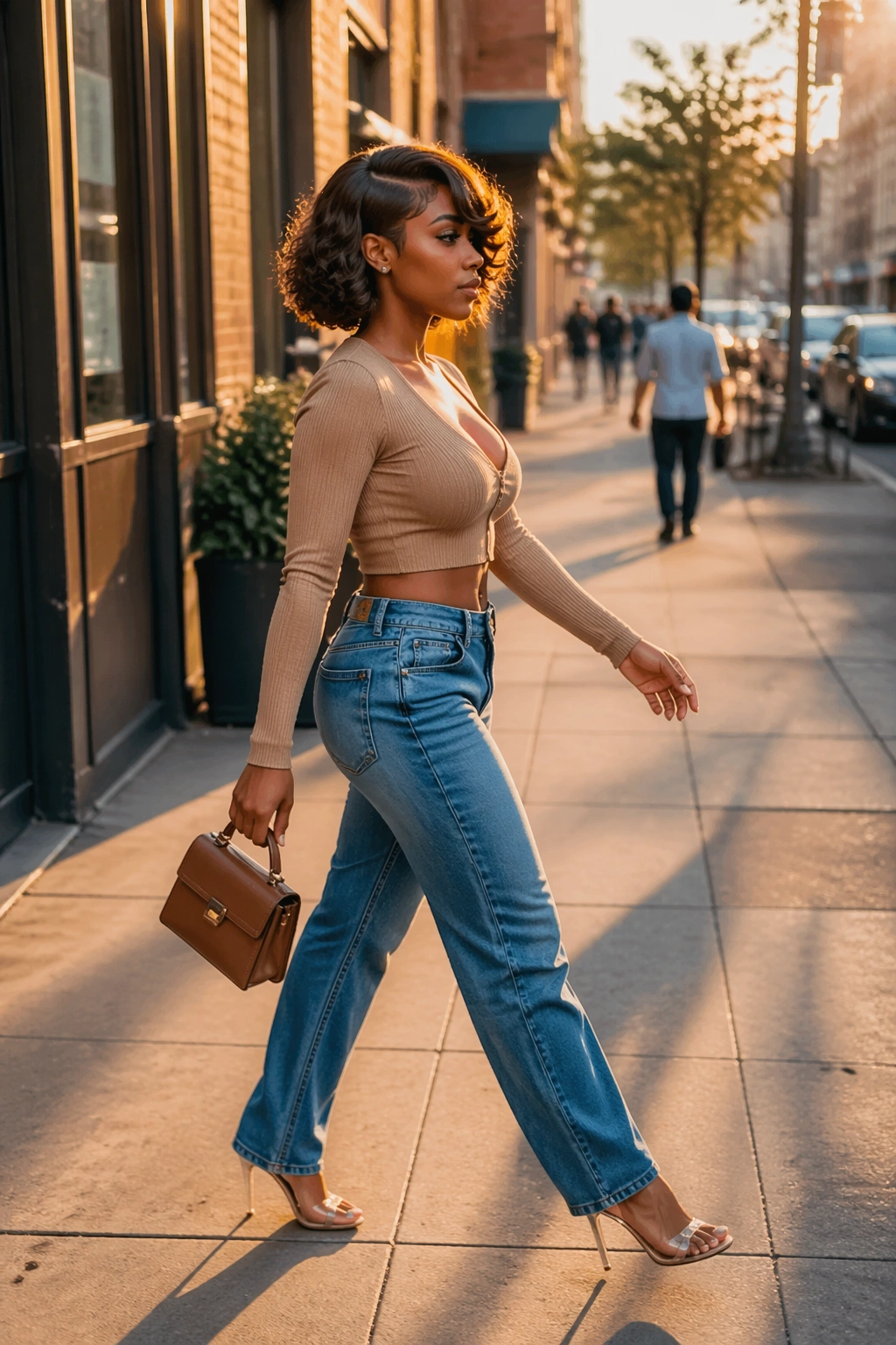 Side-part curly bob with swooped bangs in city street