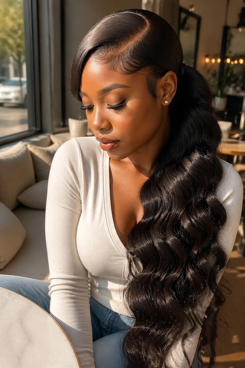 Close-up of a Black woman with a deep side-part body wave ponytail