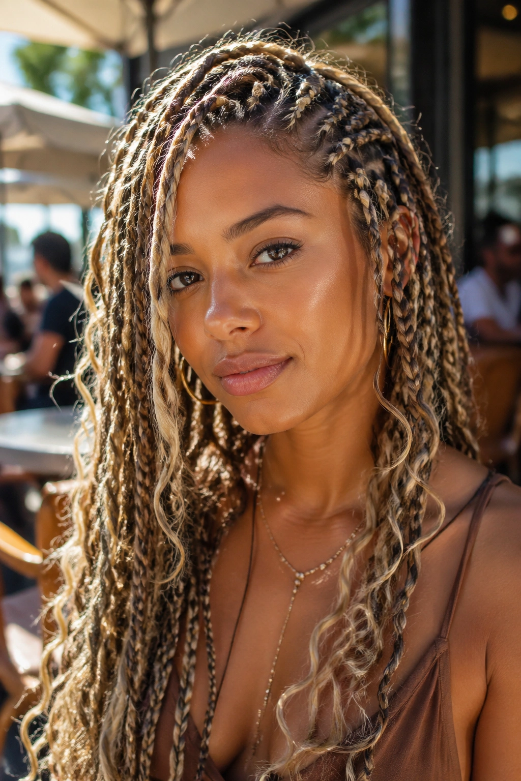 Real woman with side-part blonde and brown boho braids, portrait