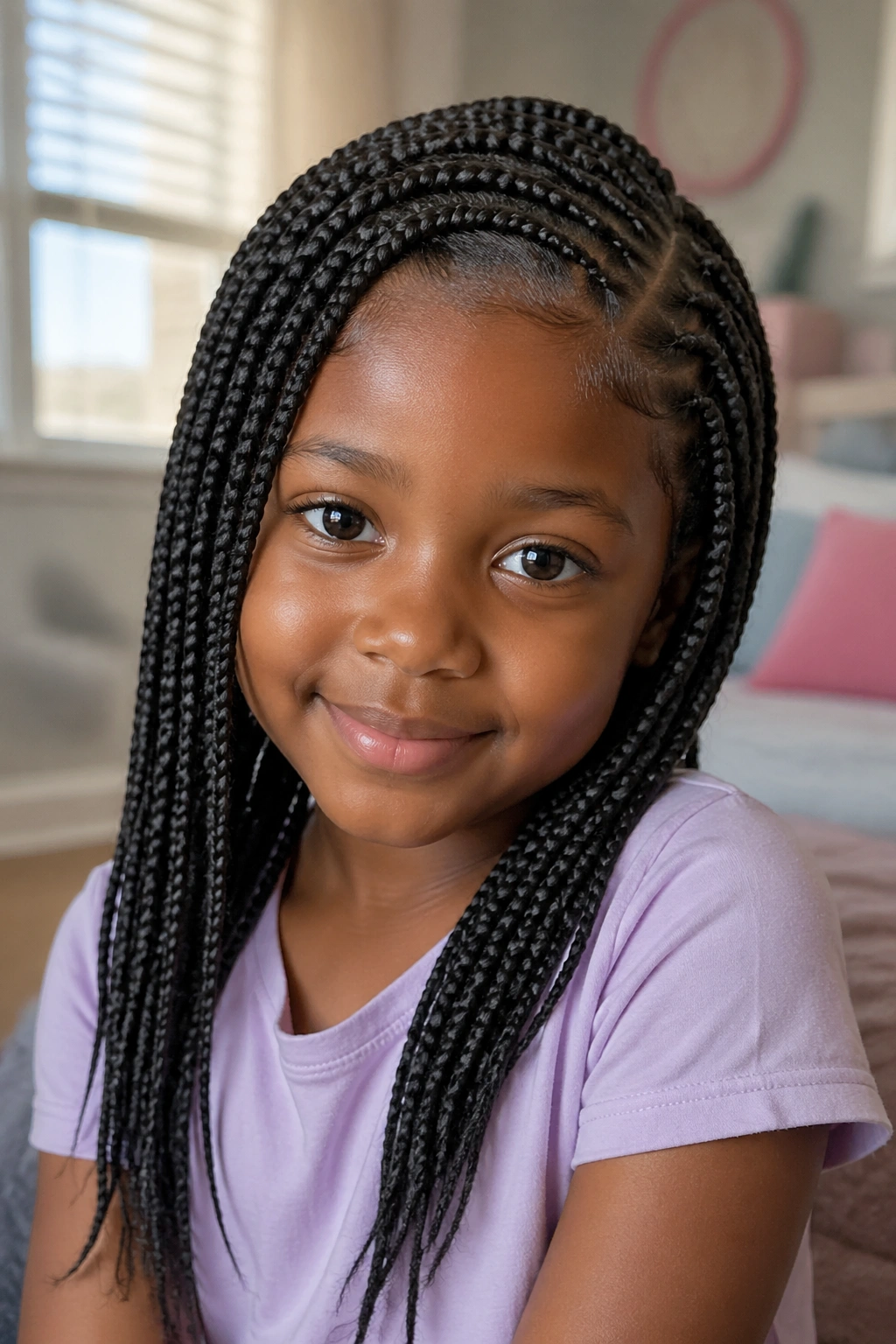 Close-up of a young girl with side-part box braids