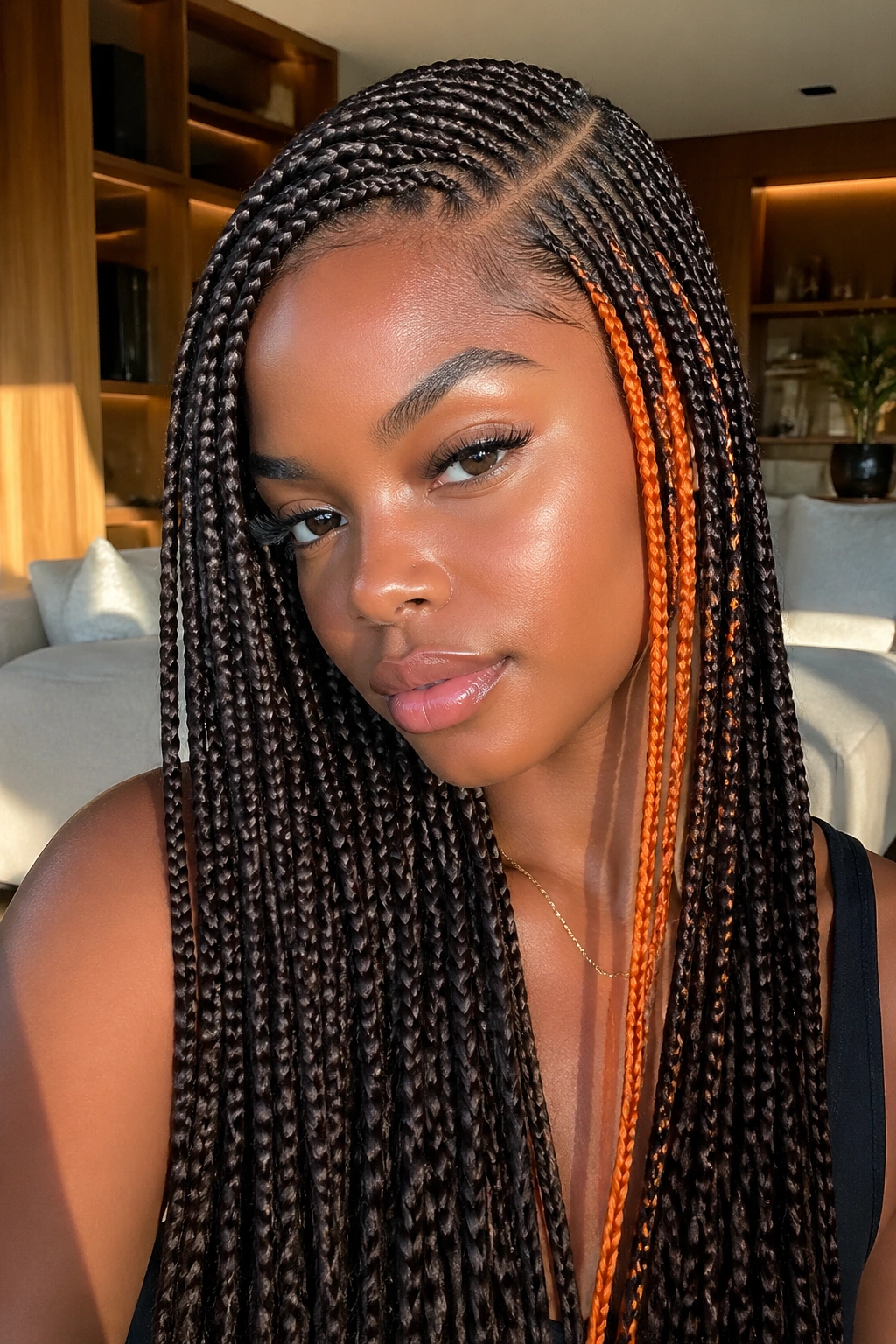 Close-up of a real woman with a side-part box braids and orange face-framing pieces