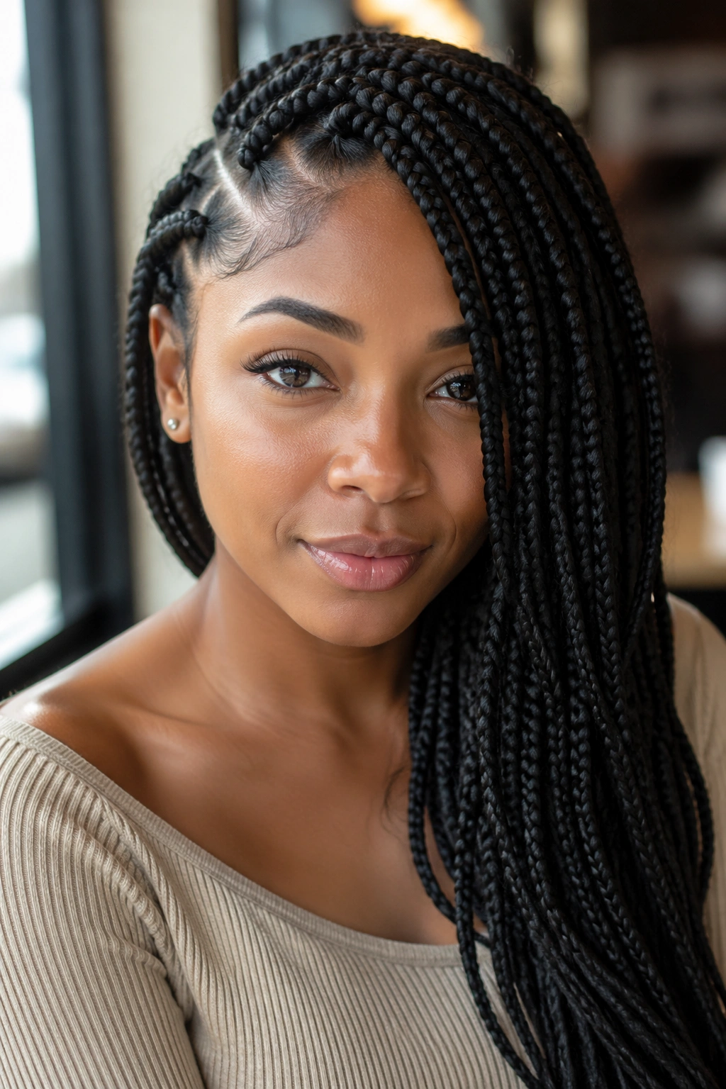Close-up of a real person with side-part box braids