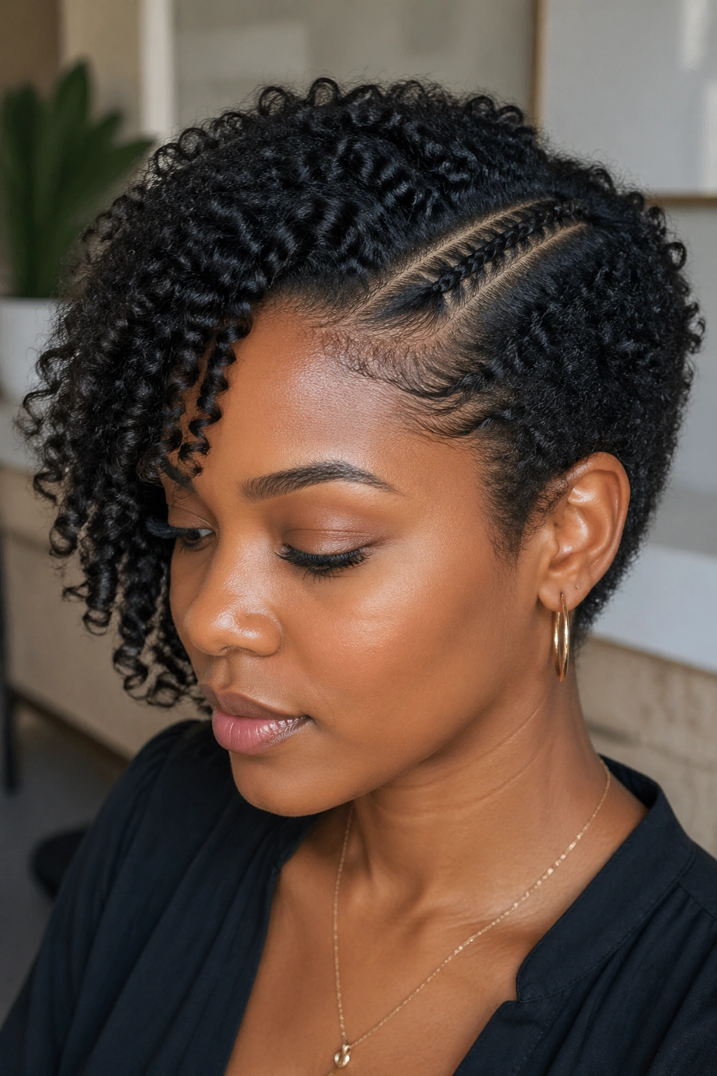 Real person with a side-part braid along the part line on short afro hair