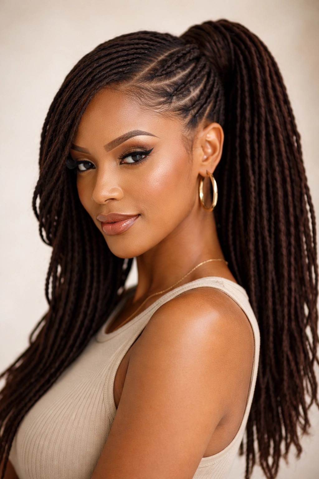 Side parted ponytail with off-center braid on locs