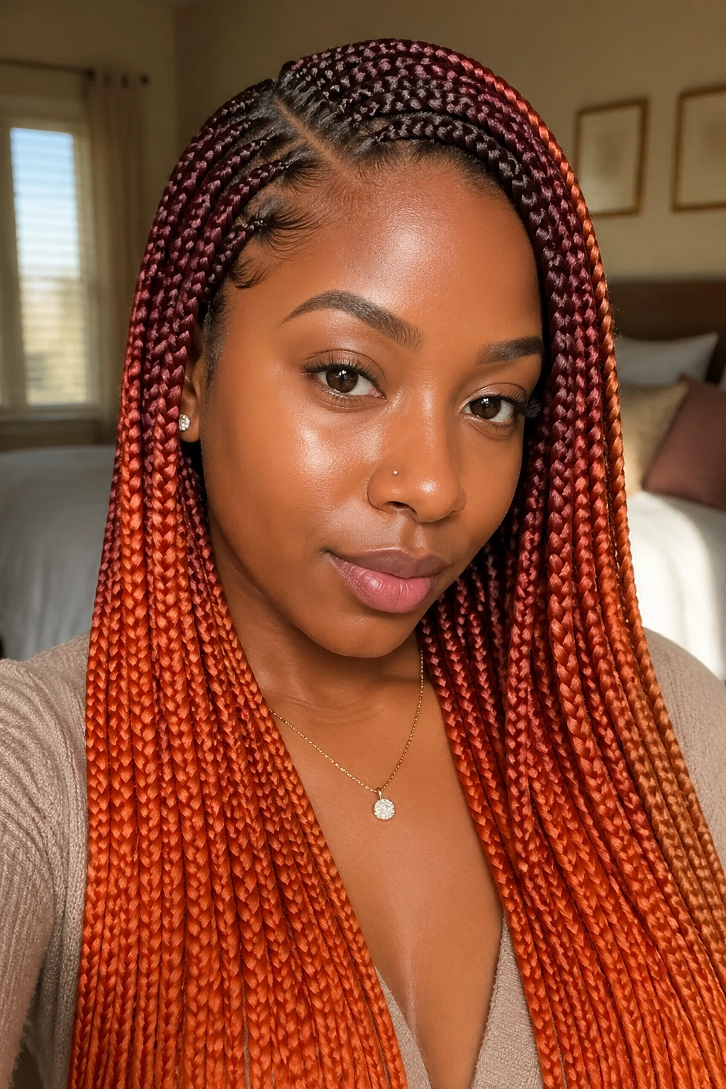 Close-up portrait of a real woman with side-part braids and burgundy roots, orange lengths.