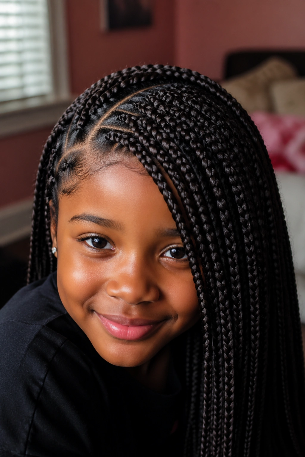 Close-up of a child with side-part box braids in a cozy bedroom