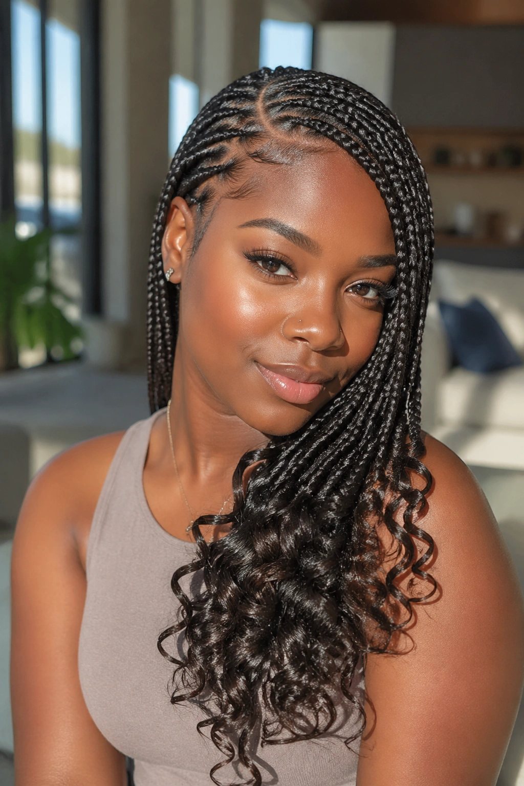 Close-up of a real woman with a side-parted box braid hairstyle ending in soft curls