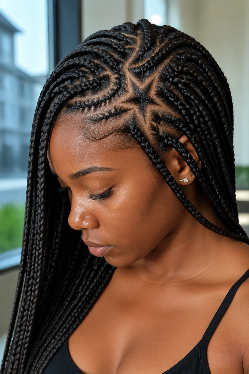 Close-up portrait of a real woman with a side-part braid design and curved star lines along the scalp