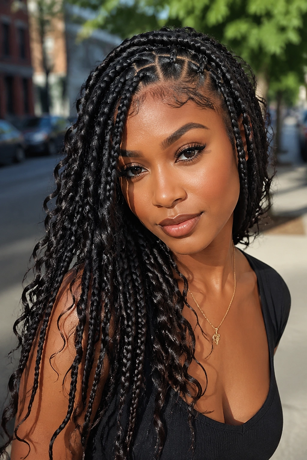 Close-up of side-part goddess box braids on a real woman outdoors