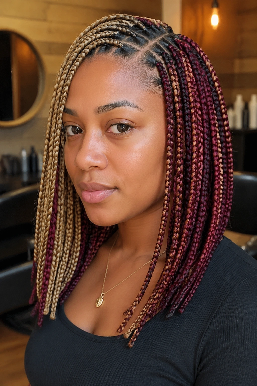 Close-up portrait of a real woman with side-part box braids featuring red accents