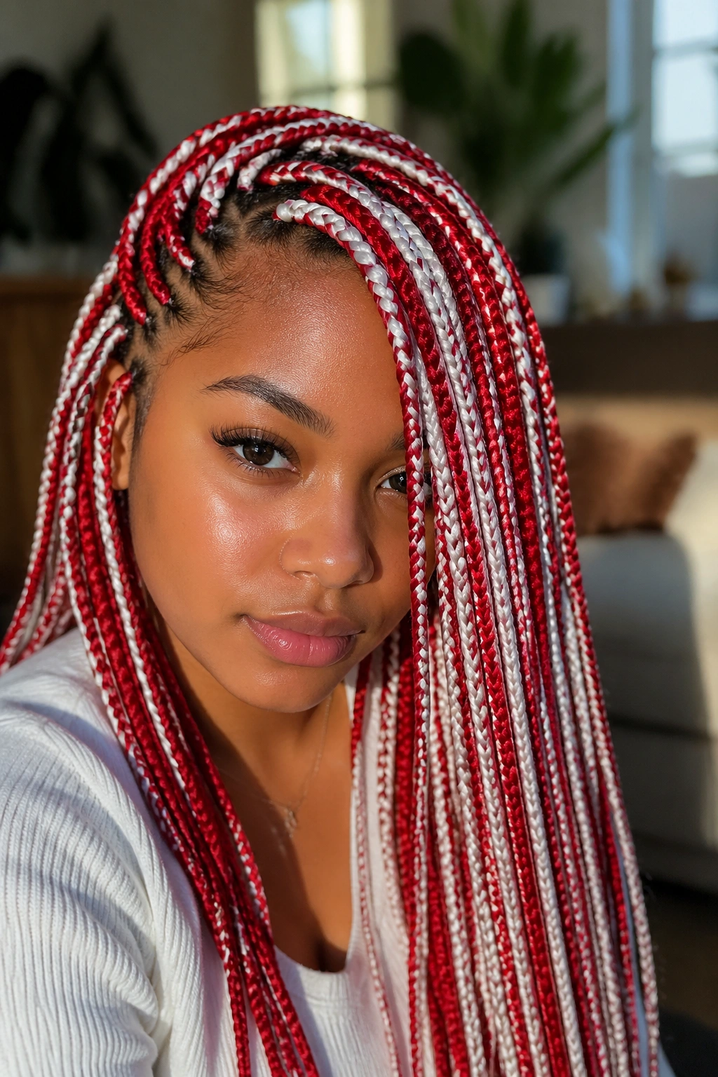 Close-up of a real woman with side-part red and white box braids sweeping across the forehead