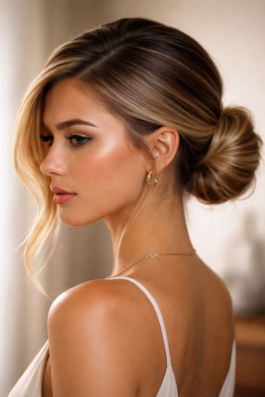 Deep side-parted bun with dramatic root volume