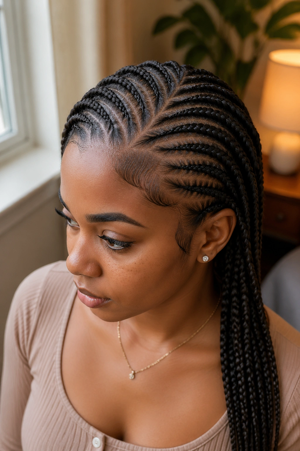 Close-up of a deep side-part with cascading small-stitch cornrows on a real woman.