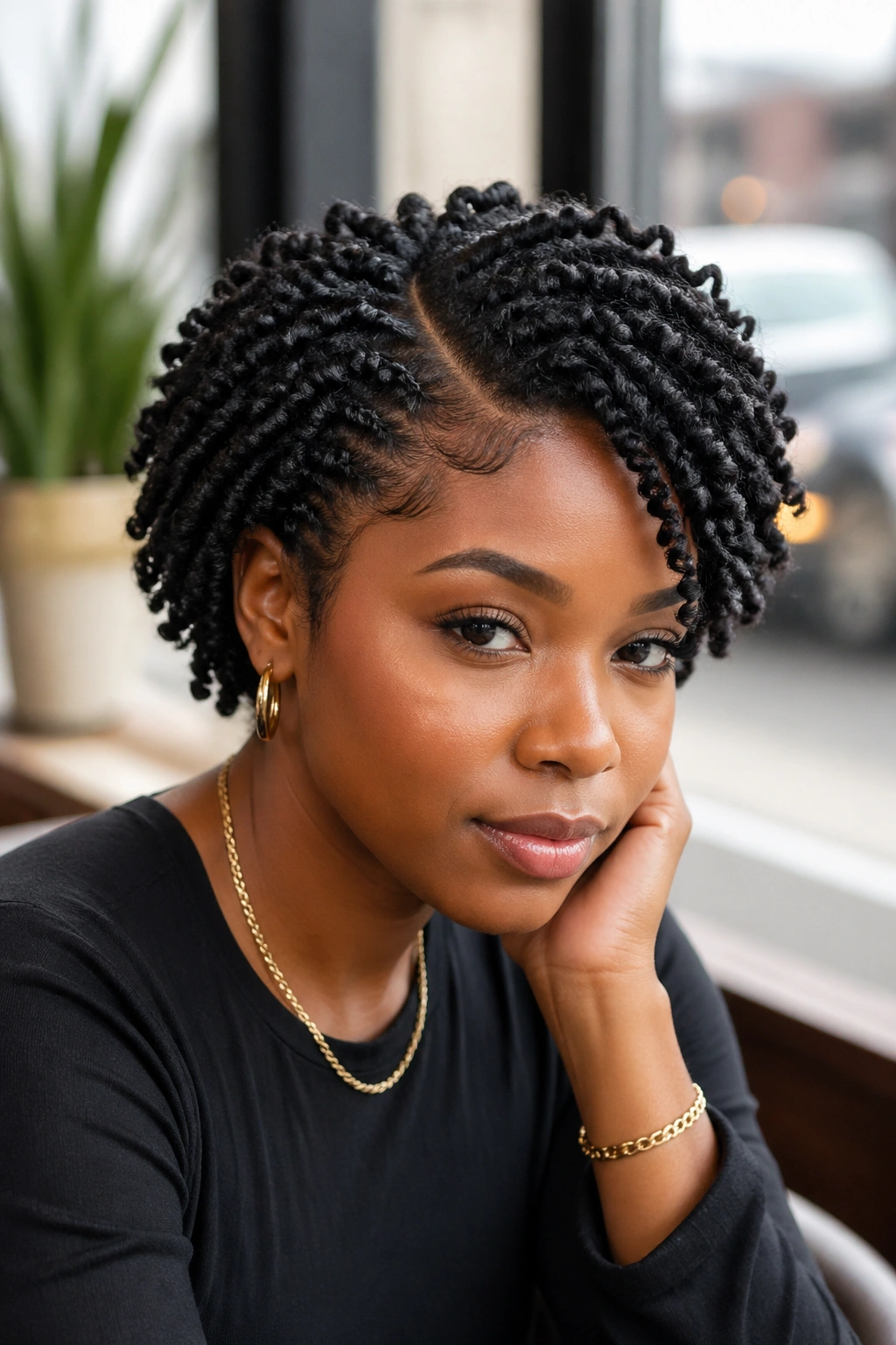 Real woman with deep side part coil curls and crisp part line