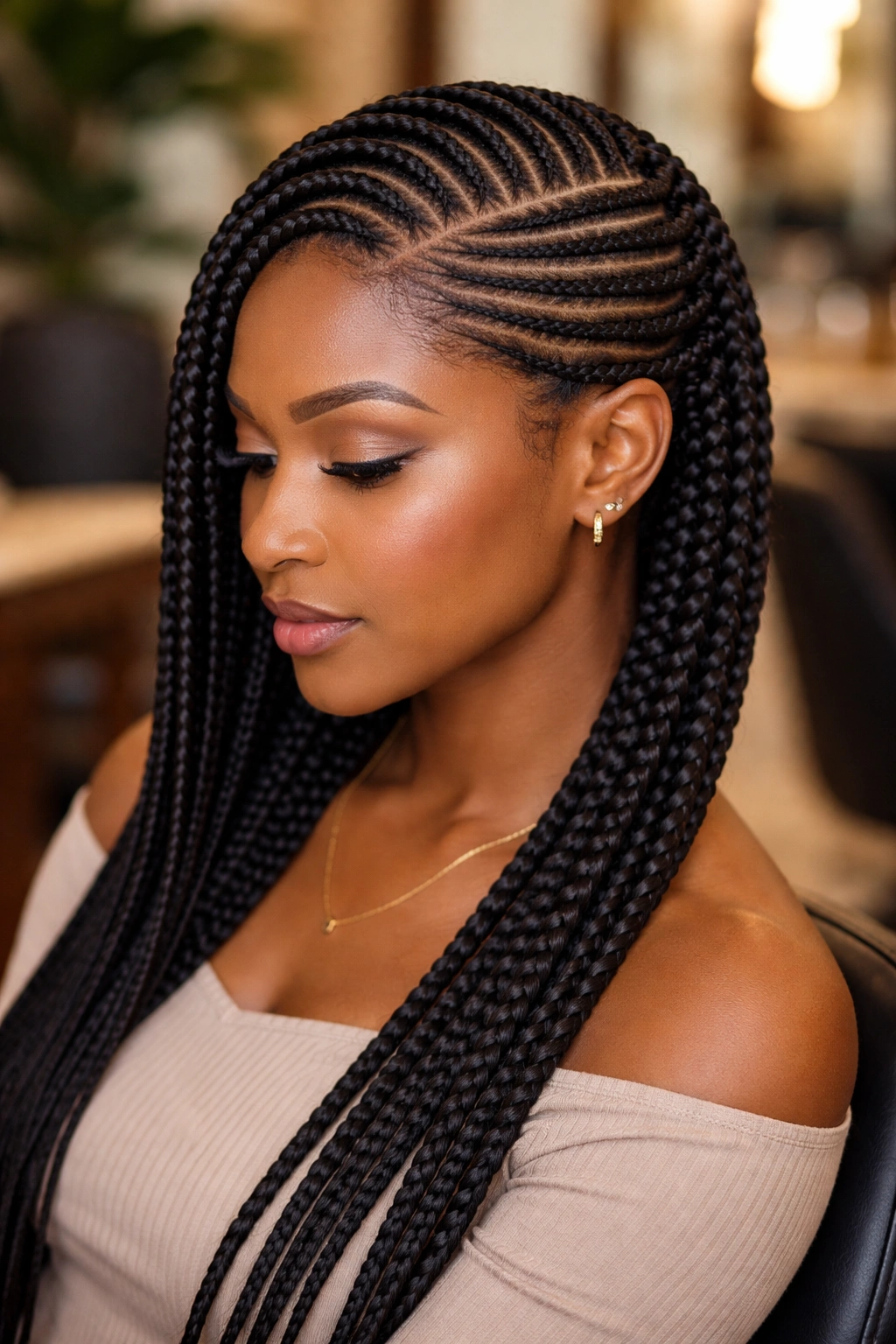 Close-up of Ghana cornrows with a deep side part on a real person
