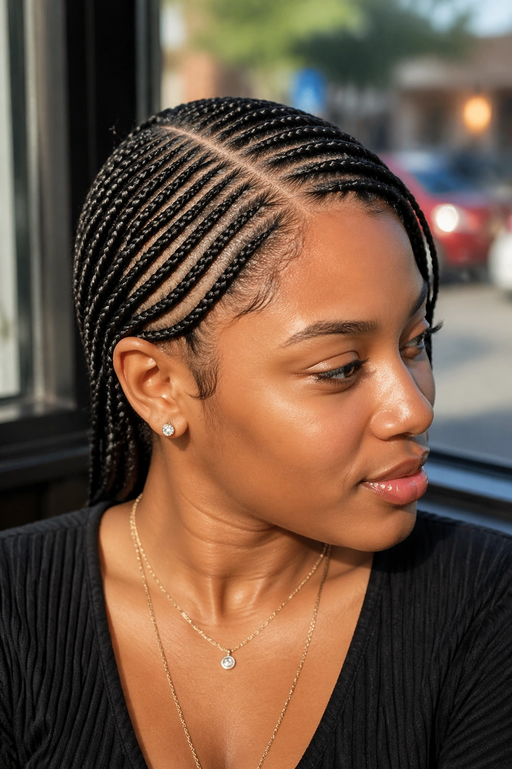 Close-up of a real person with a deep side part and cornrows