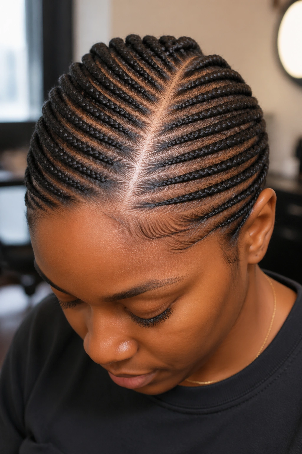 Close-up of a real person with a deep off-center side part and small cornrows running back on both sides