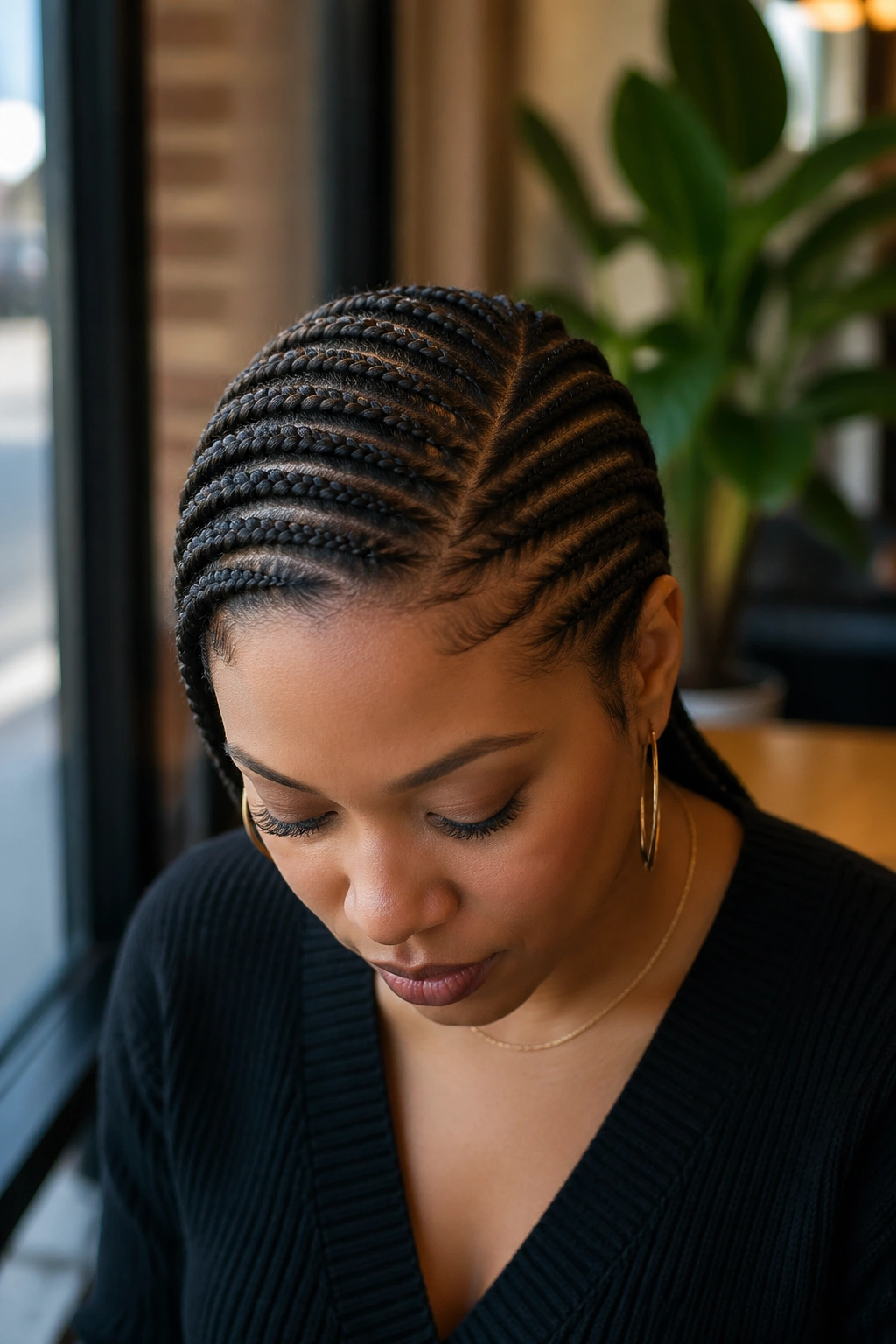 Real woman with deep side part in straight-back cornrows.
