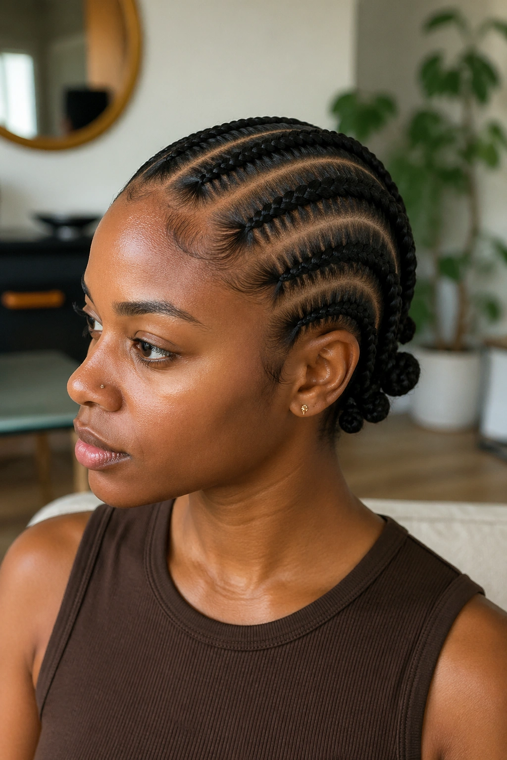 Close-up of side-part cornrows with bantu knots at the nape on a real person