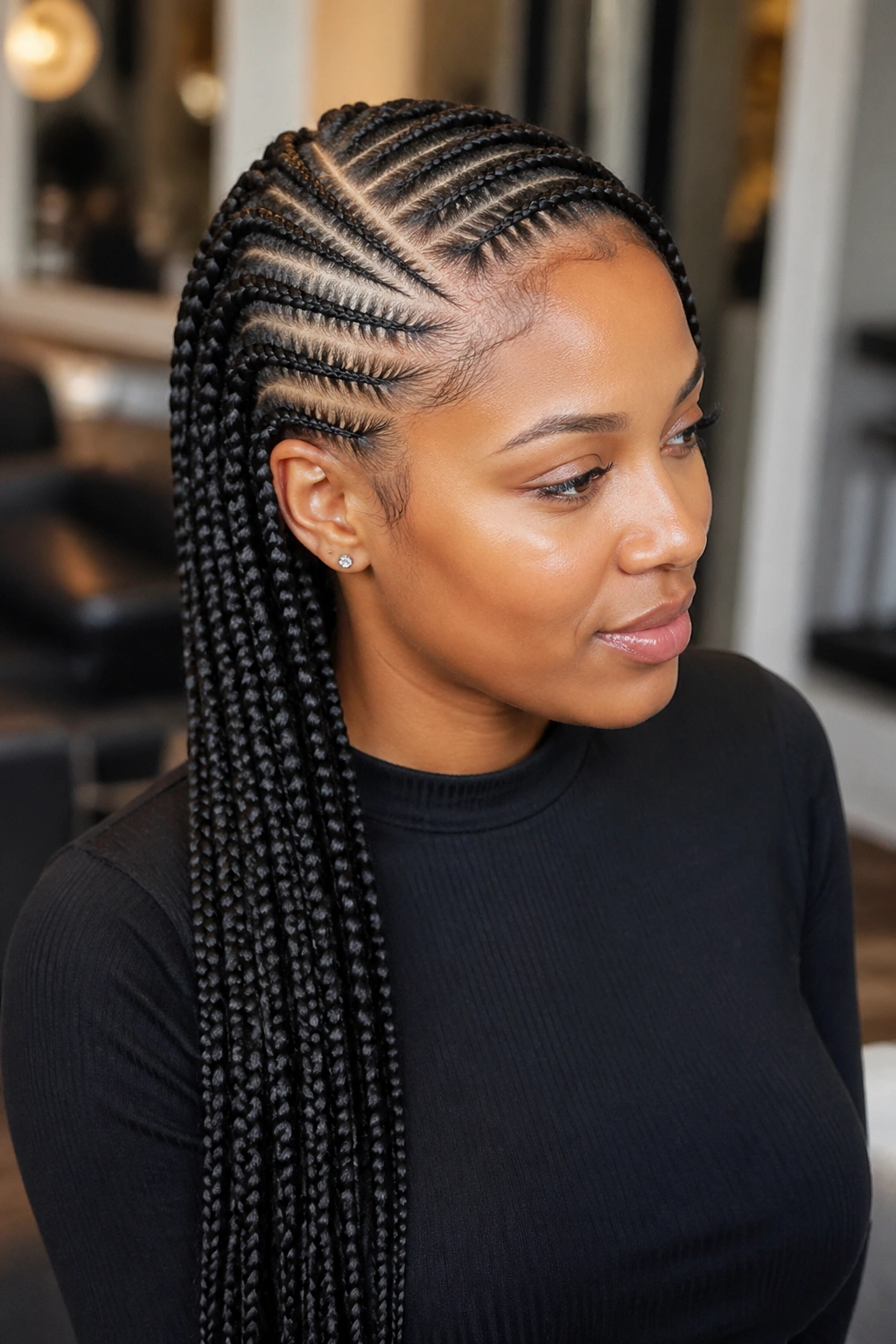 3/4 portrait of a woman with a deep side-part cornrow style transitioning to box braids