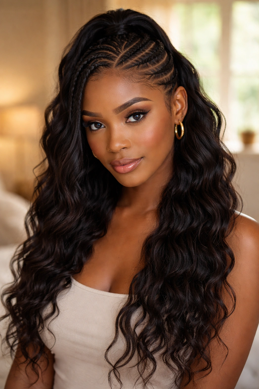 Close-up of a real woman with a side-part crown of cornrows and a wavy clip-in underneath.