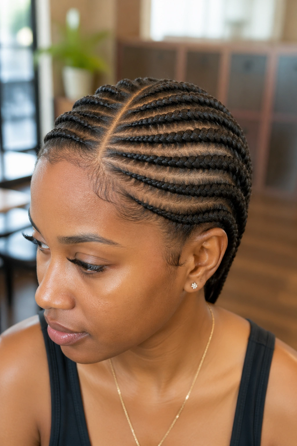 Close-up of real person with diagonal cornrows side part