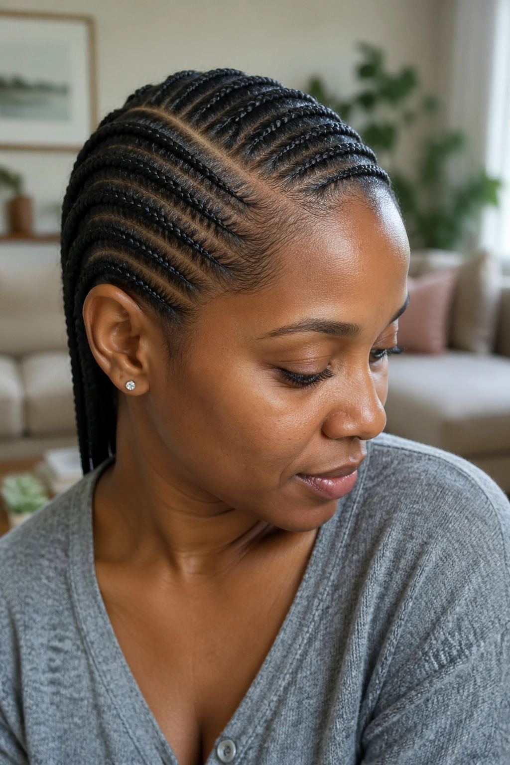 Close-up of a real person with simple side-part cornrows