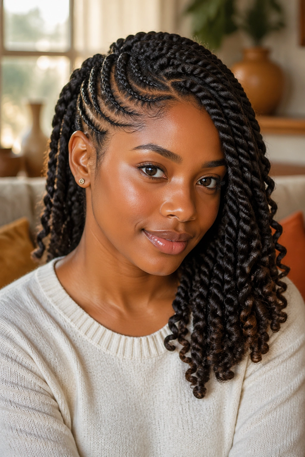 Deep-side part cornrows with Havana twists on a real woman, close-up portrait