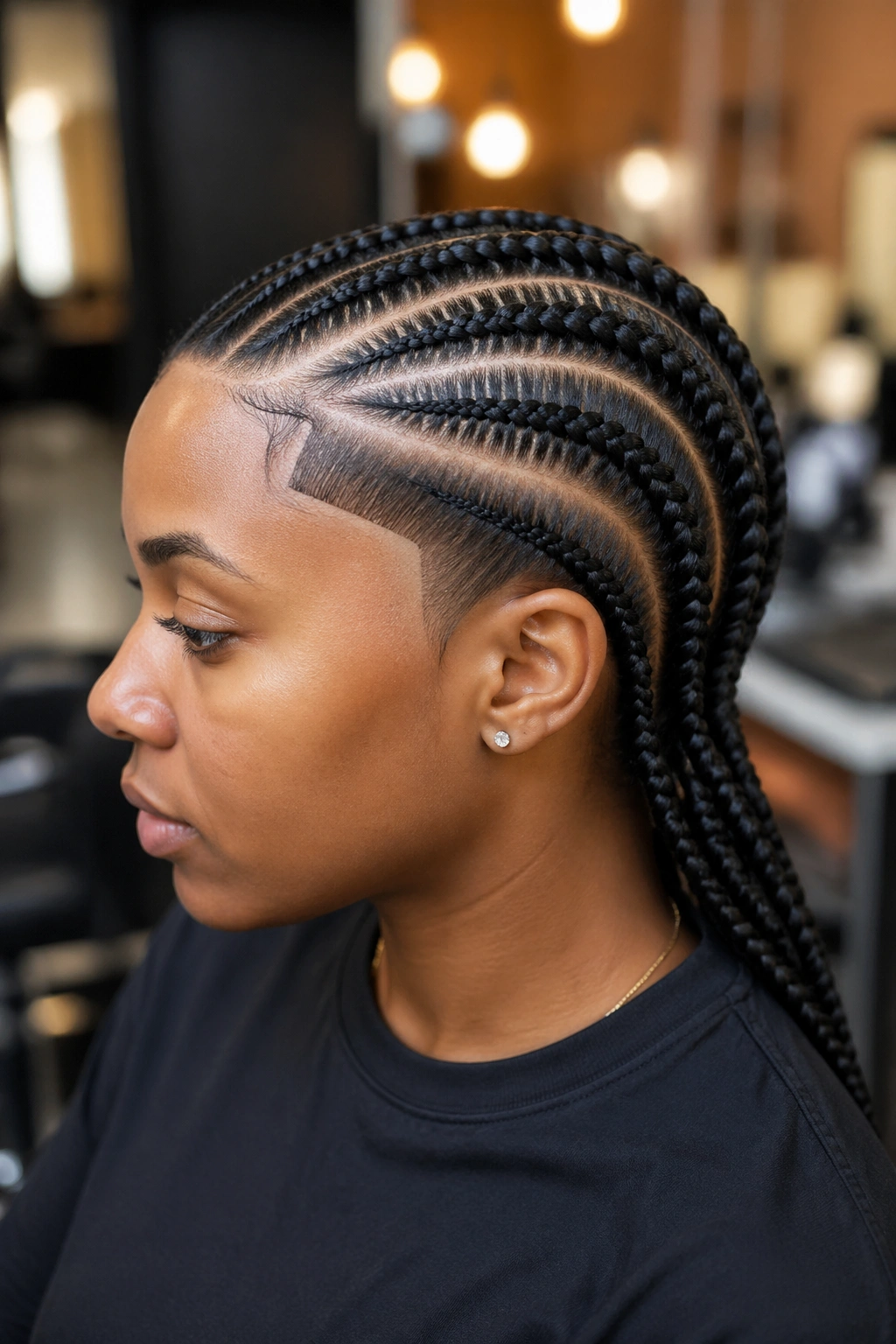 Profile close-up of side-part cornrows with a crisp shape-up on a real person
