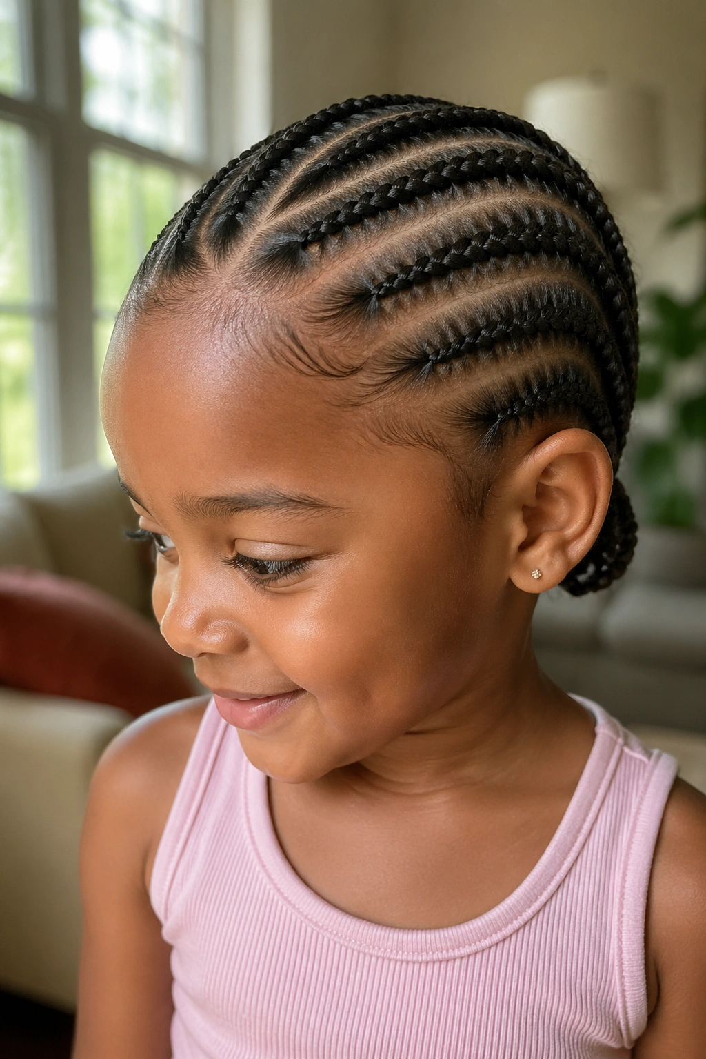 Close-up of a child with six side-part cornrows in a bright living room