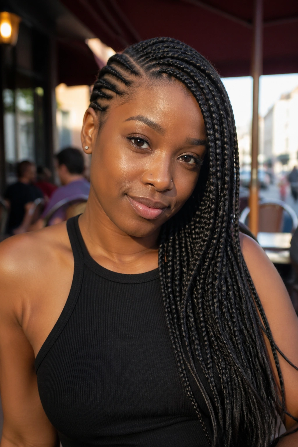 Portrait of a woman with an off-center part and asymmetrical braid volume