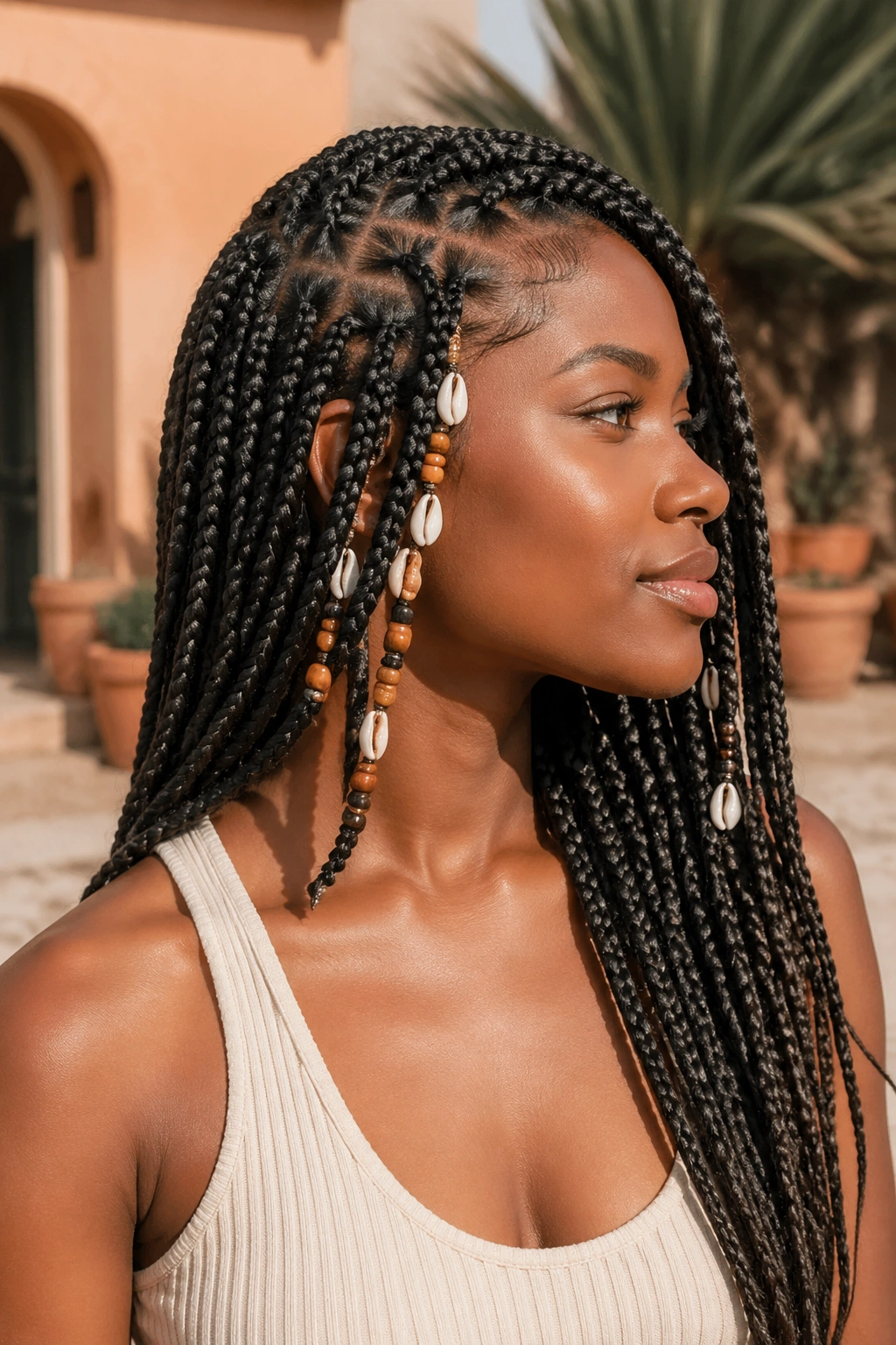 Side-part knotless braids with cowrie shells and beads on a real woman outdoors.