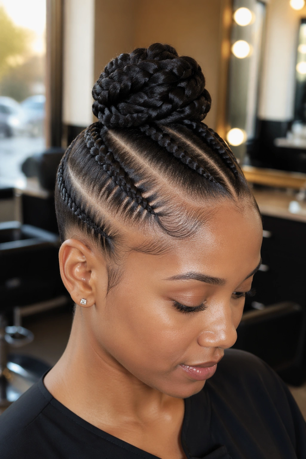 Close-up of a real person with a side-part four braids crown bun hairstyle
