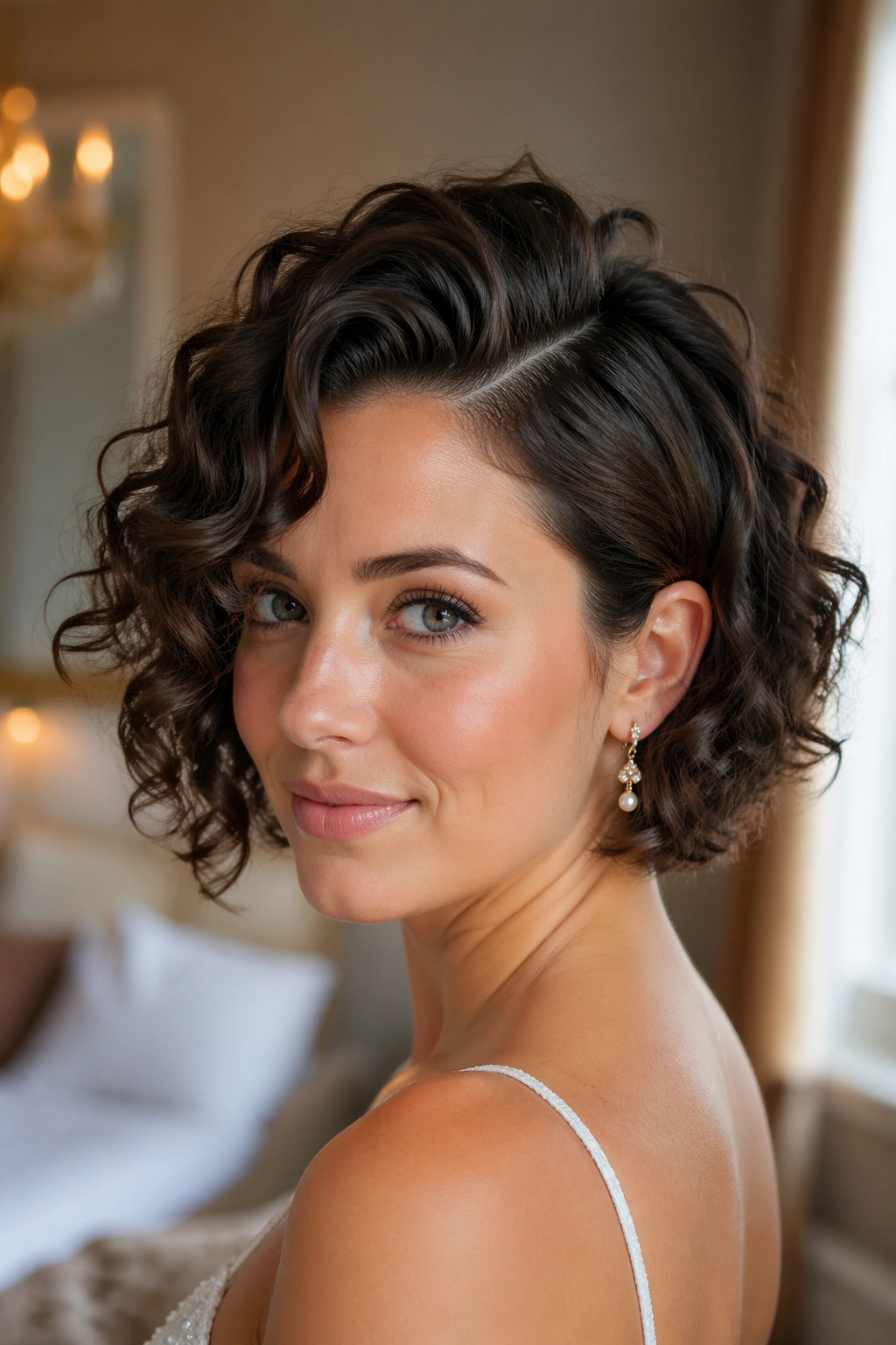 Close-up of a real woman with a side-part curly bob showing crown lift in warm bridal suite lighting