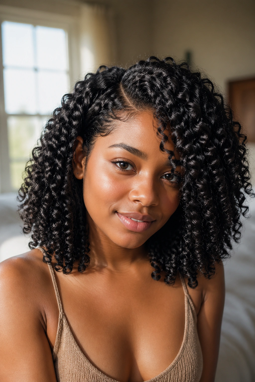 Close-up of a real woman with a side-parted wash-and-go and defined coils