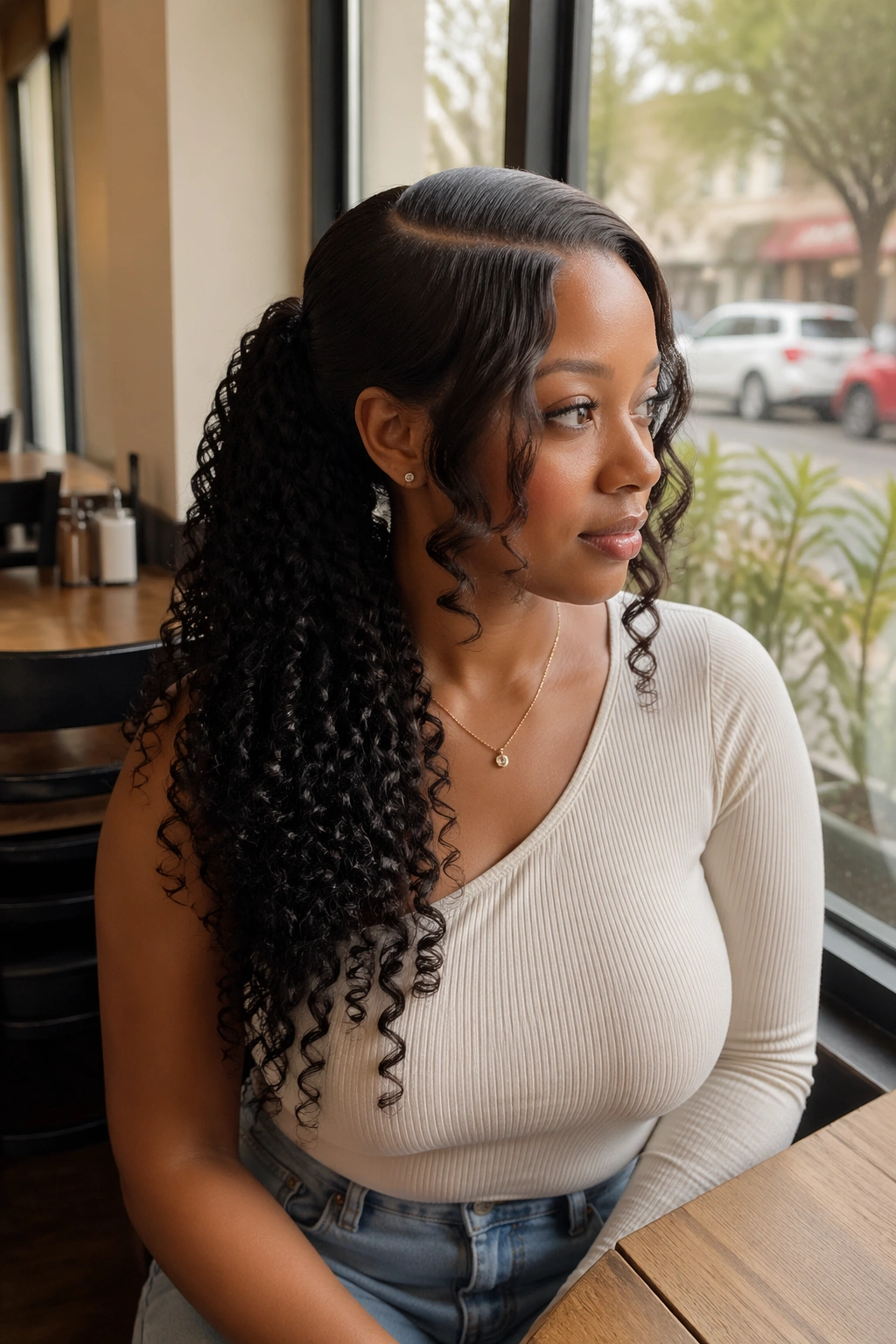 Deep side-part curly ponytail with face-framing pieces in cafe
