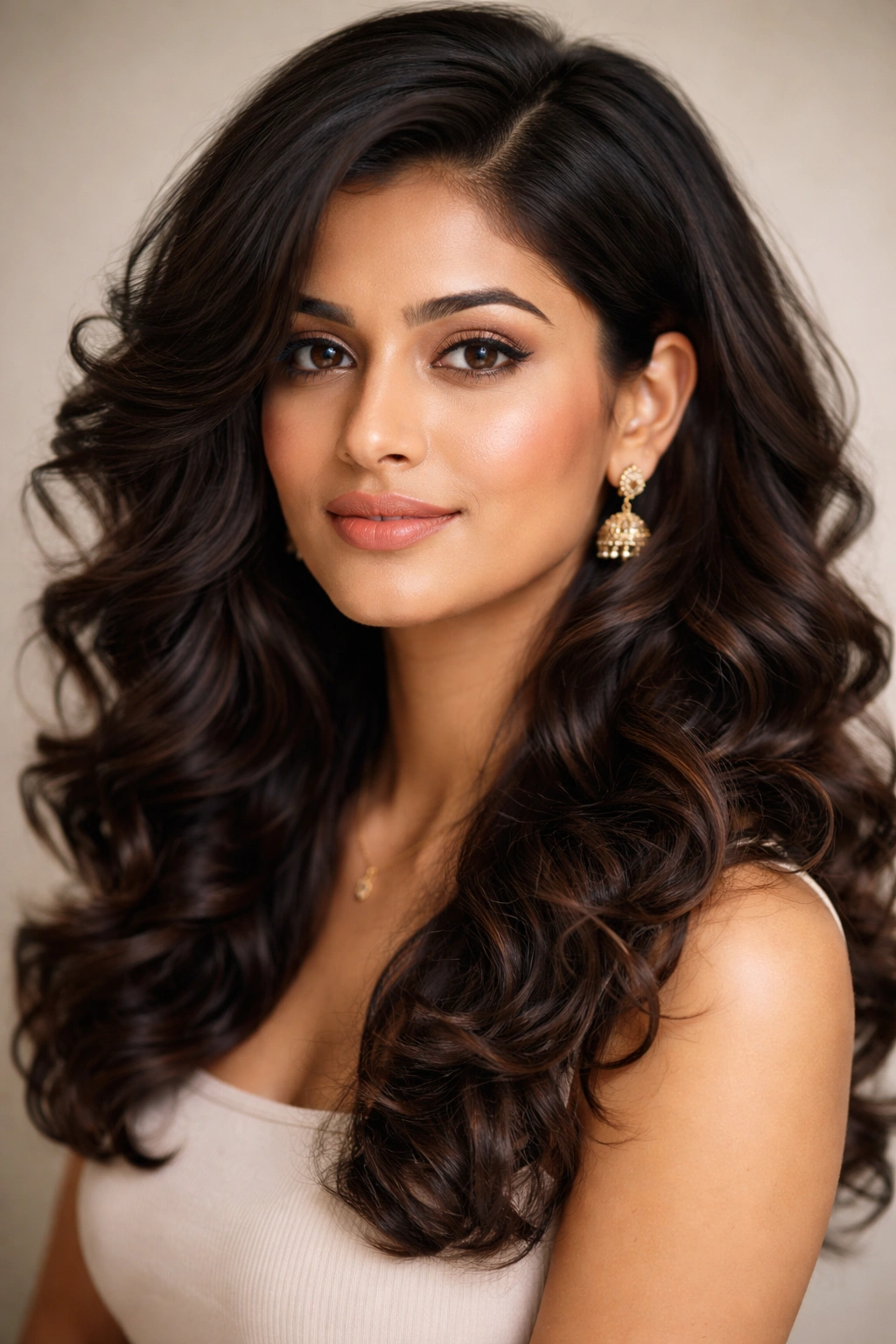 Portrait showing side-part curls that frame the face, crown volume