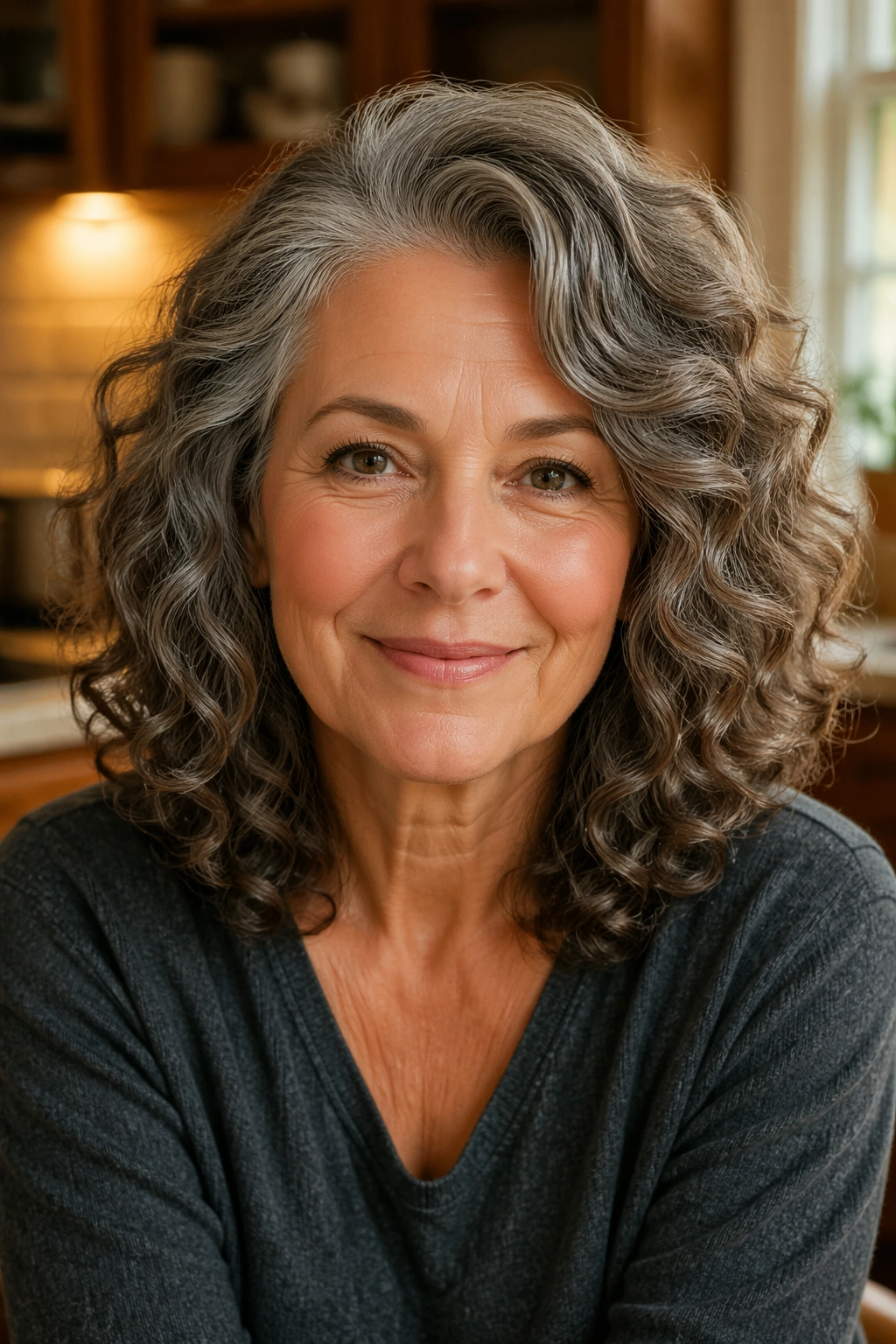 Portrait of a woman with side-parted medium curls and long layers
