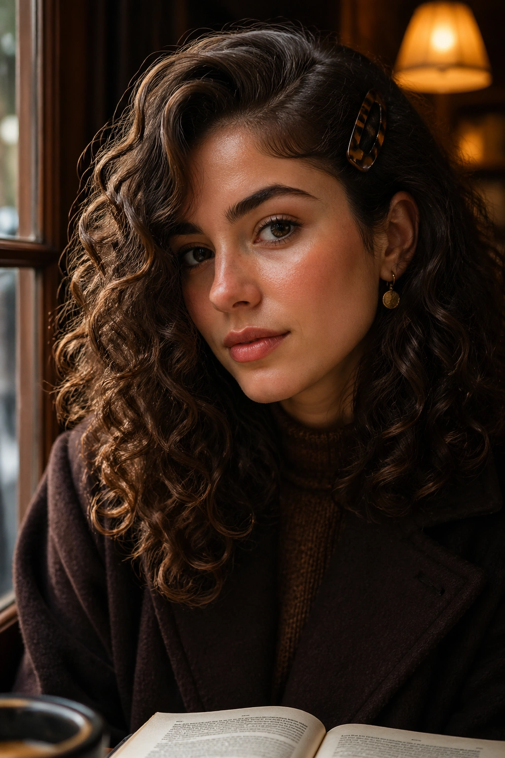Portrait of woman with deep side part and tortoiseshell barrette in warm cafe lighting