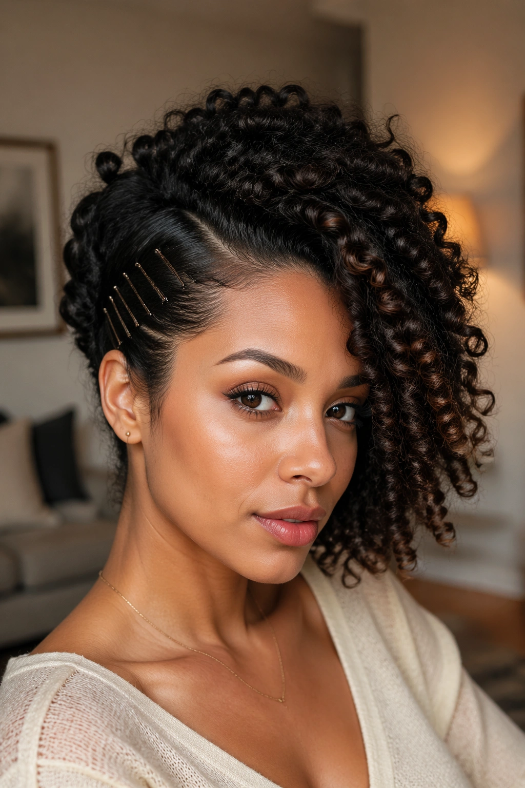 Close-up of a real woman with a deep side part and curly volume, pins tucked under the top layer