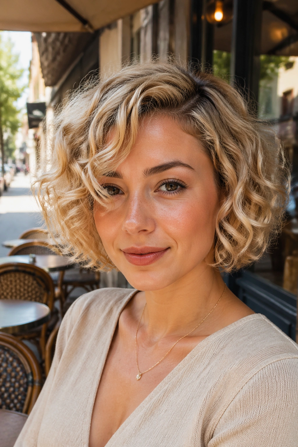 Close-up of a real woman with a side-parted French curly bob showing lift at the crown.
