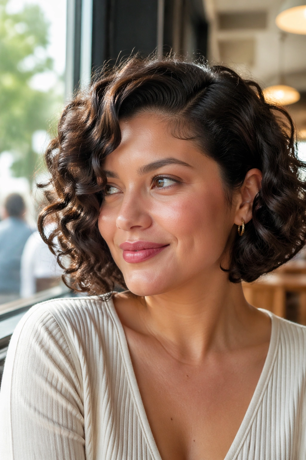 Portrait of a woman with a side-part curly bob by a sunlit cafe window.