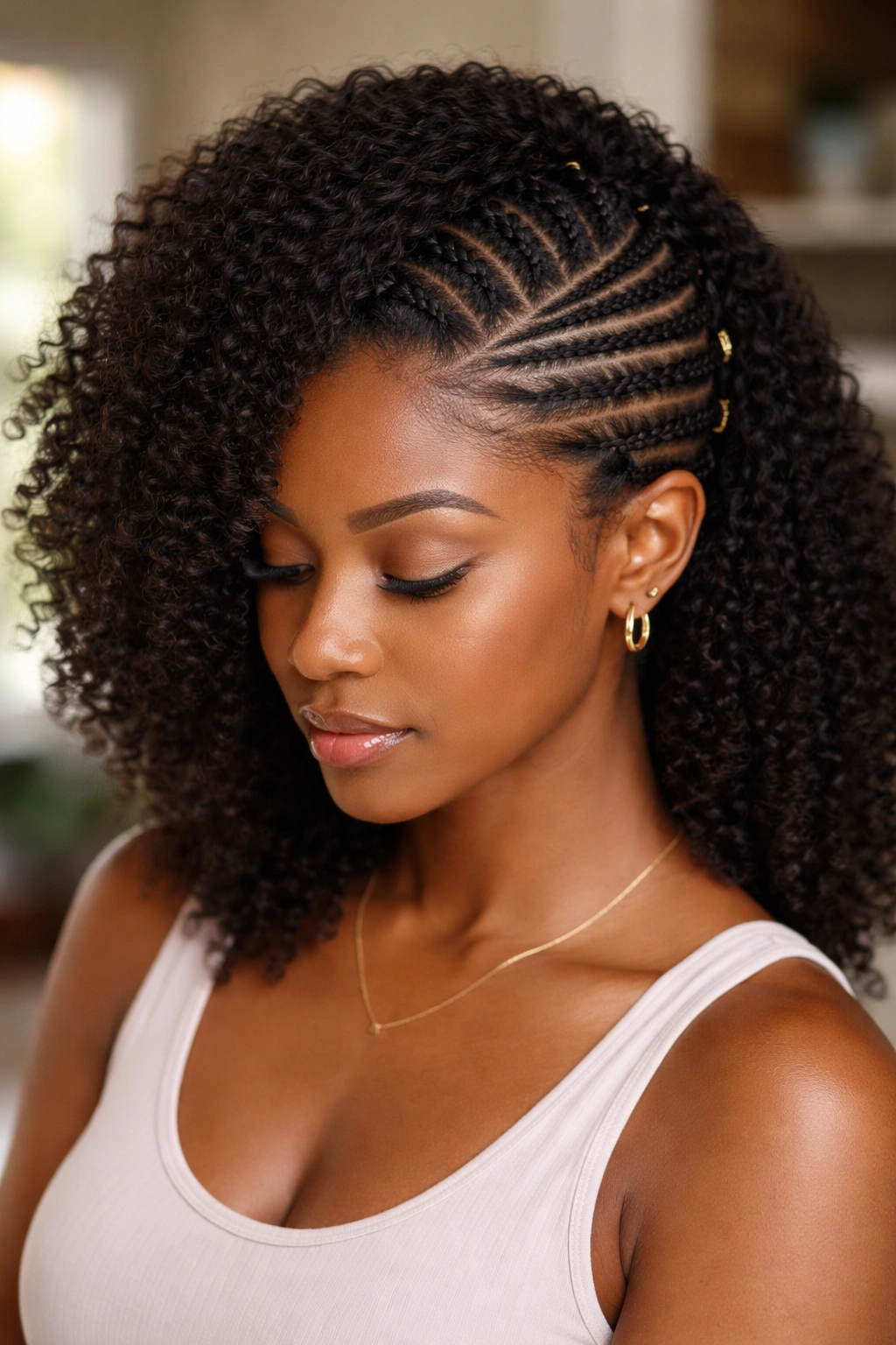 Portrait showing a deep side part with braided side and loose textured hair.